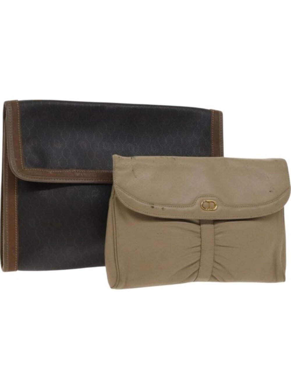 Christian Dior Honeycomb Canvas Clutch Bag Leather 2 Set Beige Black